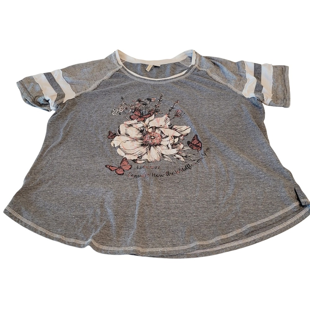 Cato Graphic Tee Women L Grey Floral Butterfly Luke 12:27 Raglan Striped Sleeve